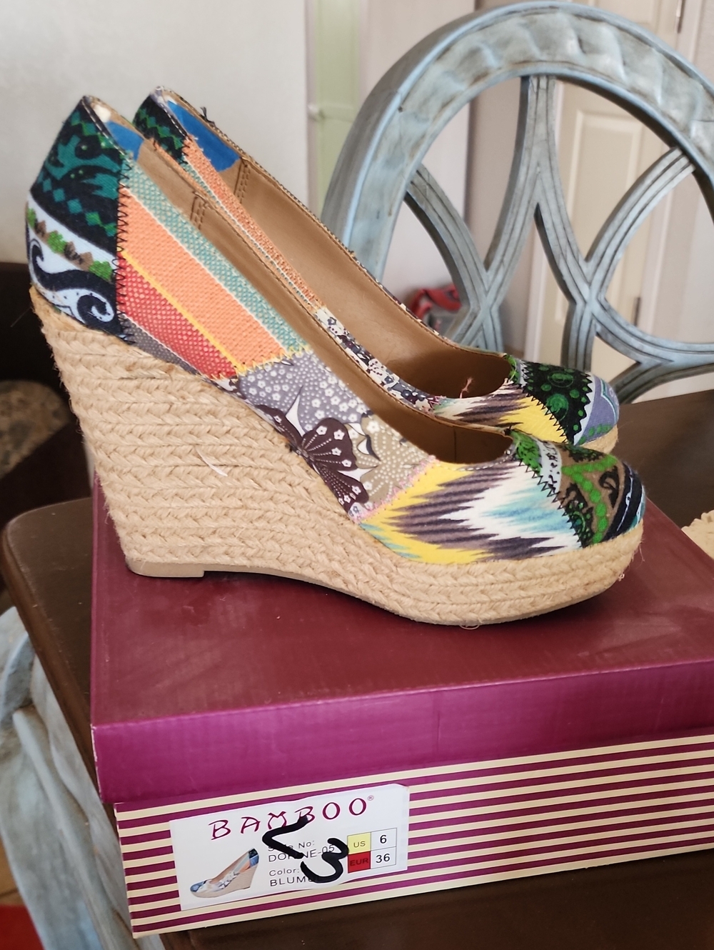 BAMBOO Multicolor Patterned Espadrille Wedge Pumps